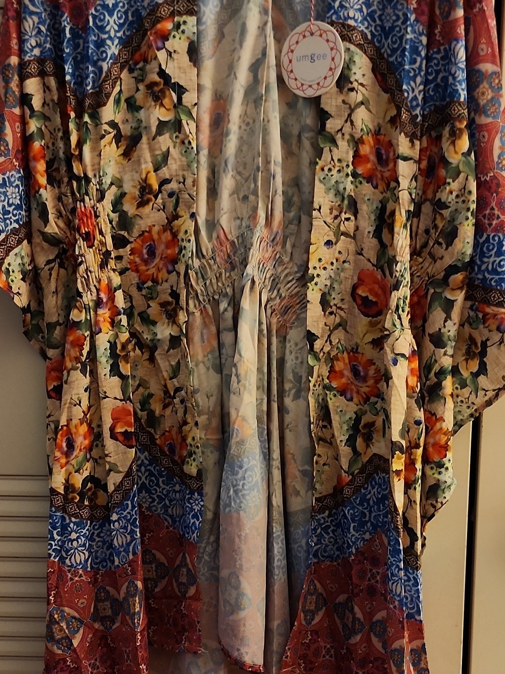 Umgee Multicolor Floral Boho Duster with Patchwork Accents, NWT, M/L